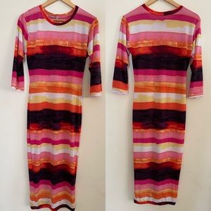Reco Chapple Womens Dress Sz XL Pink Purple Orange Colorful Striped Midi Bodycon
